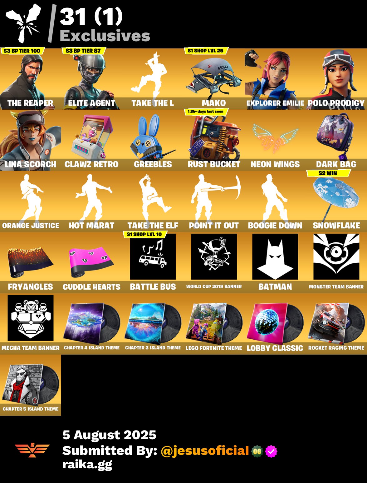 CUENTA FORTNITE 74 SKINS "POLO PRODIGY + TOMA LA L + THE REAPER"