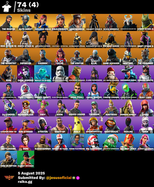 CUENTA FORTNITE 74 SKINS "POLO PRODIGY + TOMA LA L + THE REAPER"