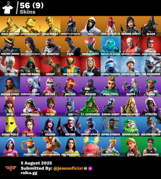 CUENTA FORTNITE 56 SKINS "GOLD MIDAS + PASE MARVEL + RAGE"