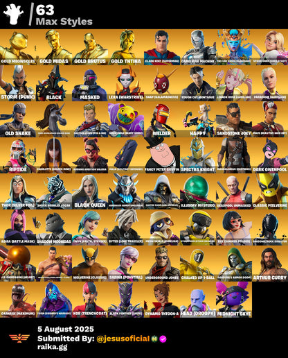 CUENTA FORTNITE 134 SKINS "GOLD MIDAS + PASE MARVEL + RISA DE BURRO"