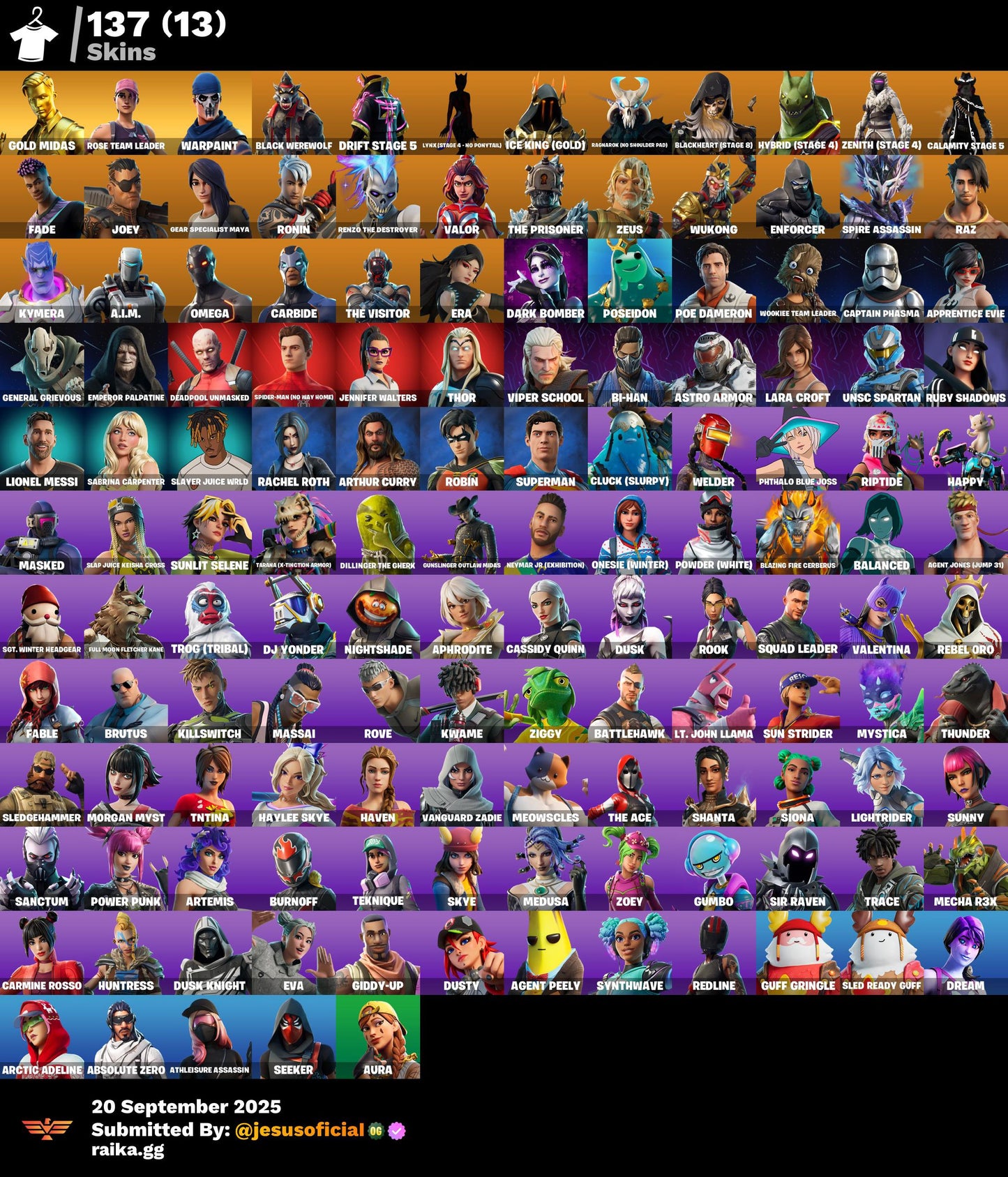 CUENTA FORTNITE 137 SKINS "GOLD MIDAS + STW OG + JUSTICIA NARANJA"