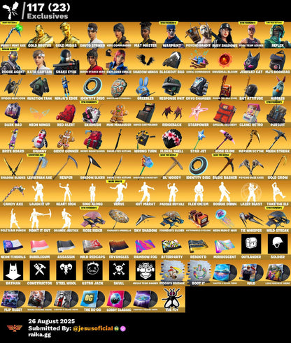 CUENTA FORTNITE 245 SKINS "LARA CROFT + HACHA DE KRATOS + PICO MINTY + RISA DE BURRO:"