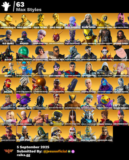 CUENTA FORTNITE 134 SKINS "GOLD MIDAS + PASE MARVEL + RISA DE BURRO"