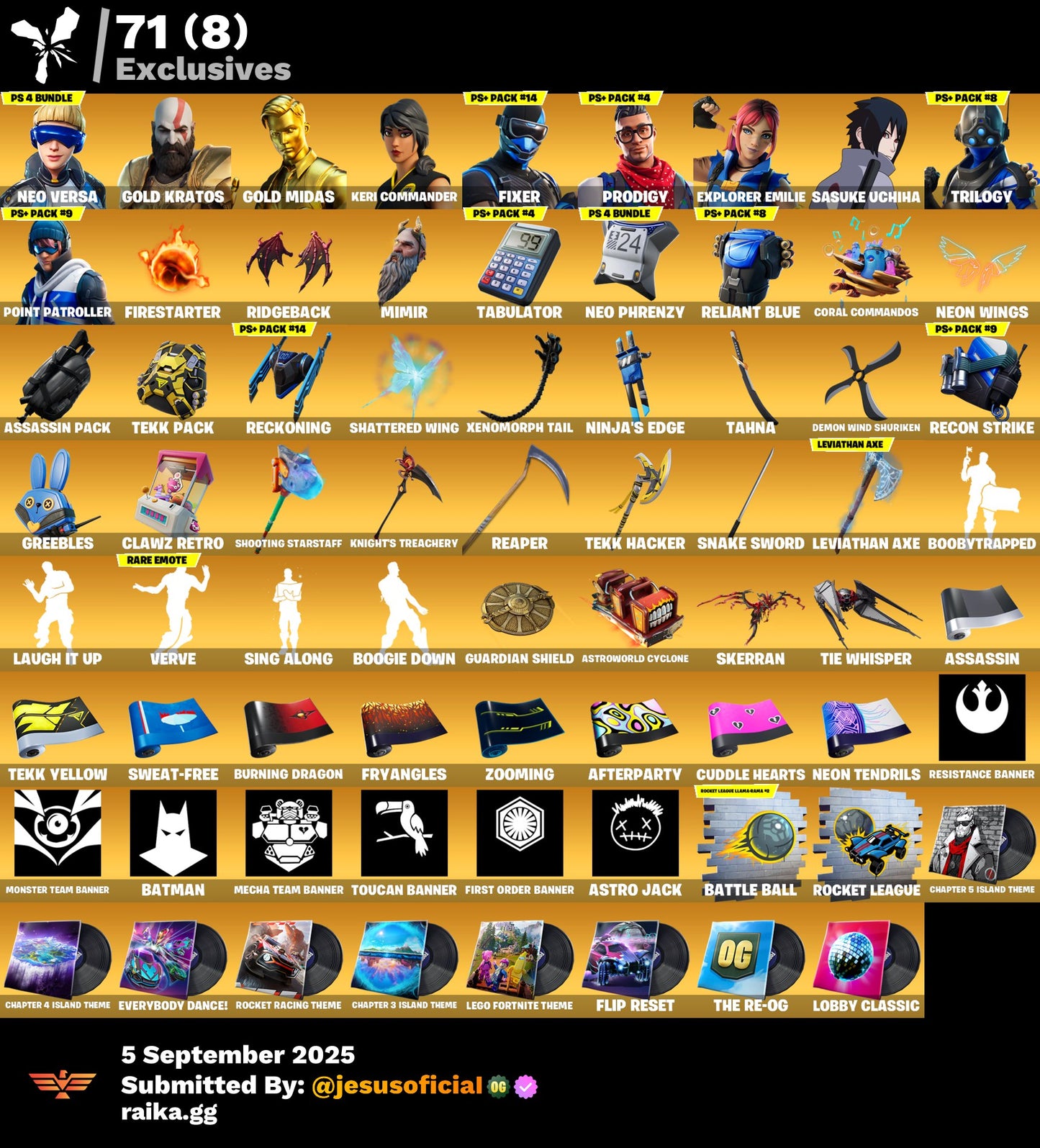 CUENTA FORTNITE 136 SKINS "GOLD MIDAS + NEO VERSA + HACHA DE KRATOS + RISA DE BURRO"